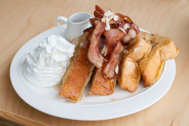 Cafe Apill offers a tasty assortment of french toast, pancakes, eggs benedict, omelets, and salads, as well as a full array of coffees, teas, and smoothies. Pictured is the bacon french toast. (Salgu Wissmath/ The Sejong Dish)